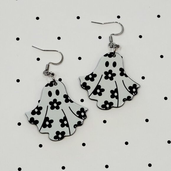 Black and White Retro Flower Ghost Earrings Stainless Steel Hooks Summerween - Picture 2 of 7